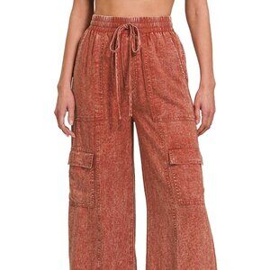 Washed Linen Elastic Waist Cargo Pants – Lightweight Relaxed Fit Trousers for Wo